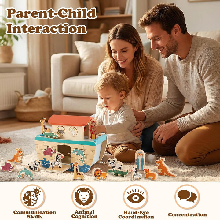 HERSITY Arche Noah aus Holz, Holzspielzeug Kinder Taufgeschenke für Mädchen Jungen 12 Monate, Holz S