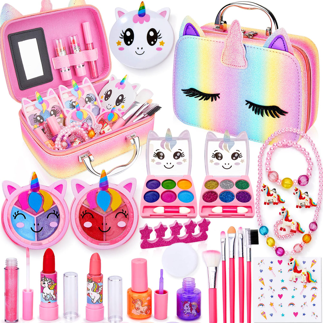 Kinderschminke Set Mädchen, Waschbares, sicheres Make-up-Set für Kinder Mit Einhorn Kosmetiktasche,N