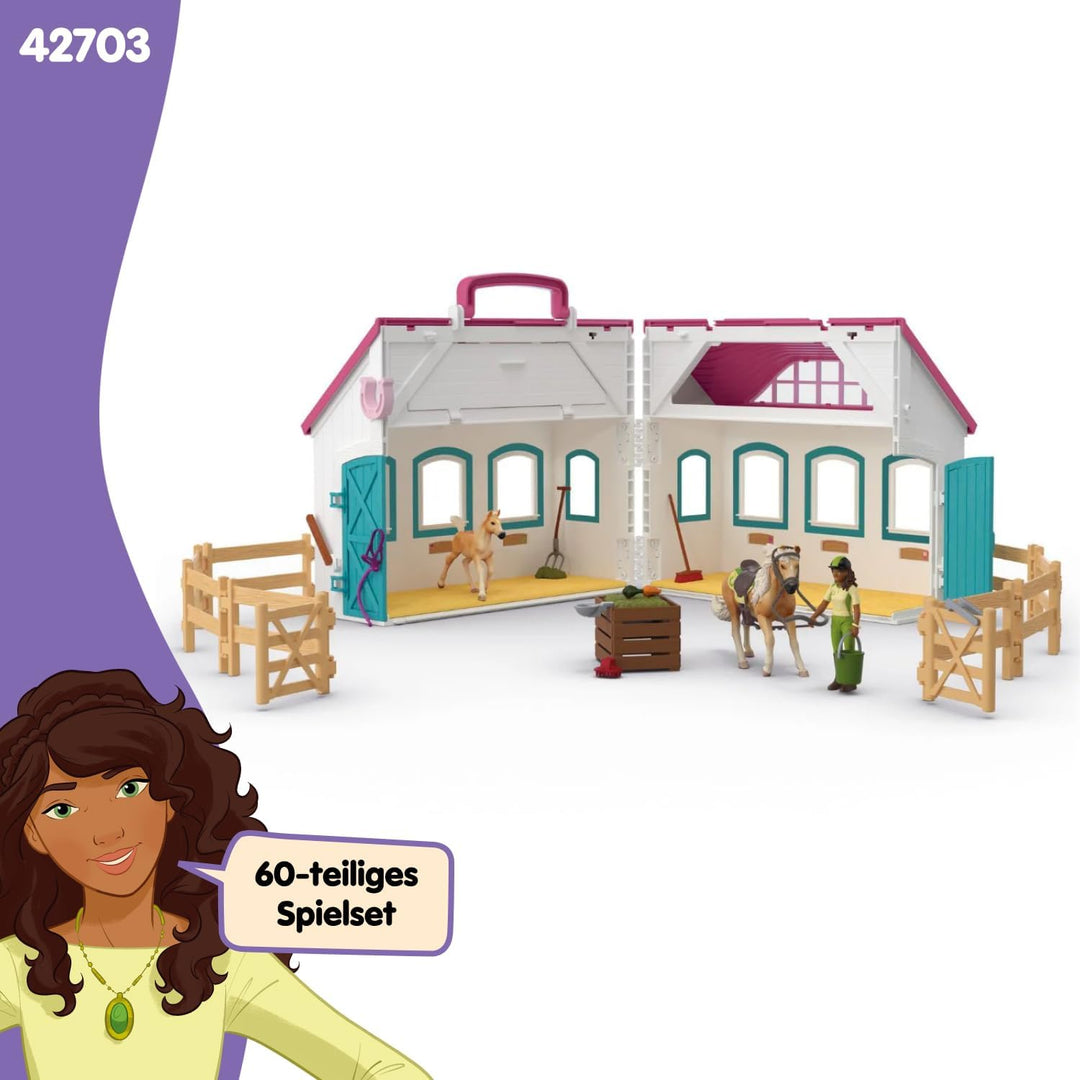 SCHLEICH Horse Club | Offenstall Kleines Hufeisen 42703 | Set inkl. Stall, 2 Pferde, bewegliche Mädc