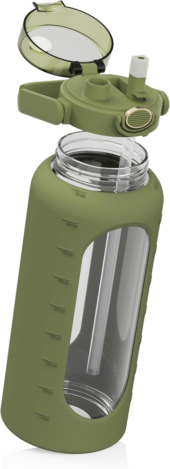 spottle Glasflasche 2 Liter - Trinkflasche 2L Glas mit Strohhalm - Grosse Wasserflasche mit Schutzhü