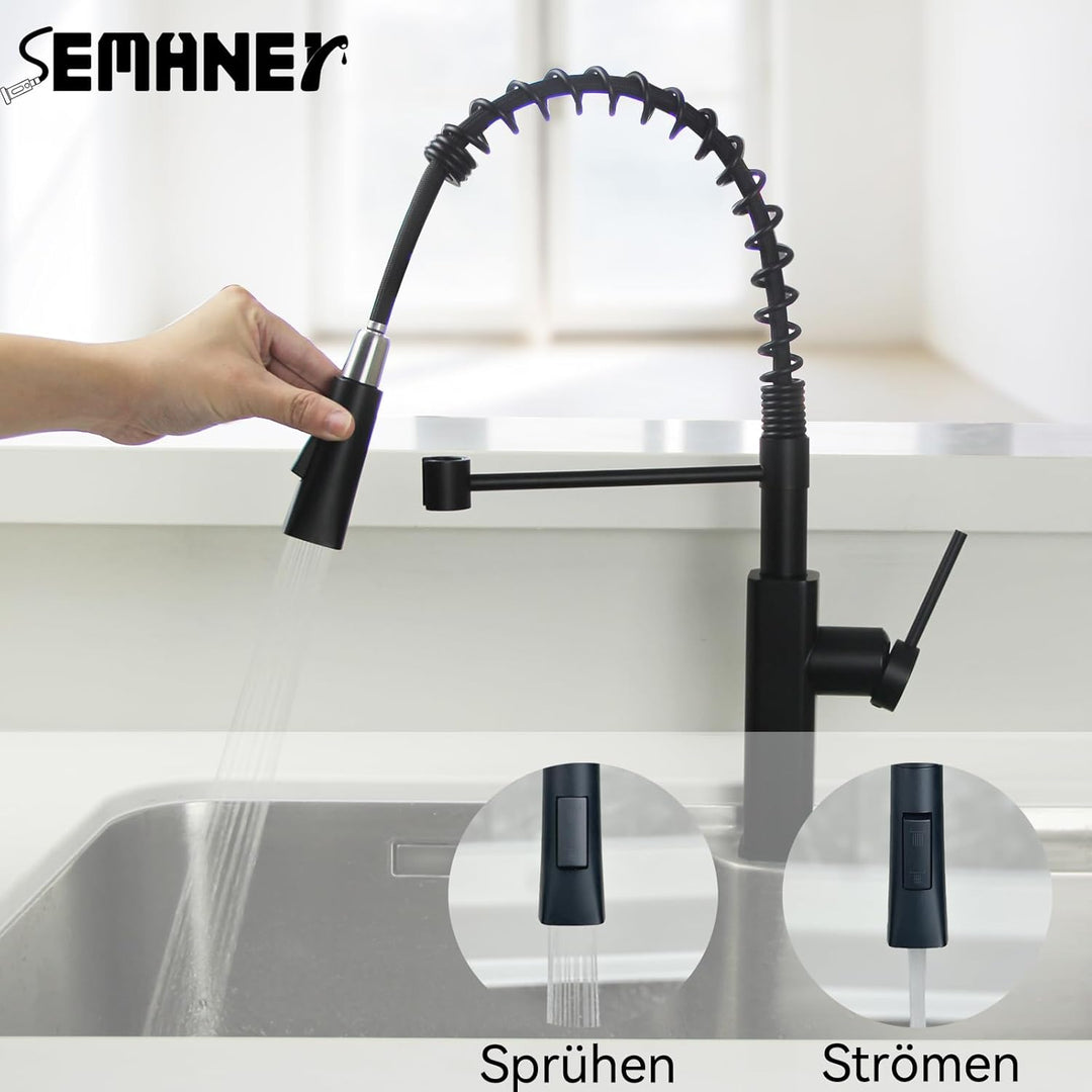 Wasserhahn Küche Schwarz, SEMANEY Hochdruck Küchenarmatur Ausziehbar, Armatur Küche mit Brause 2 Str