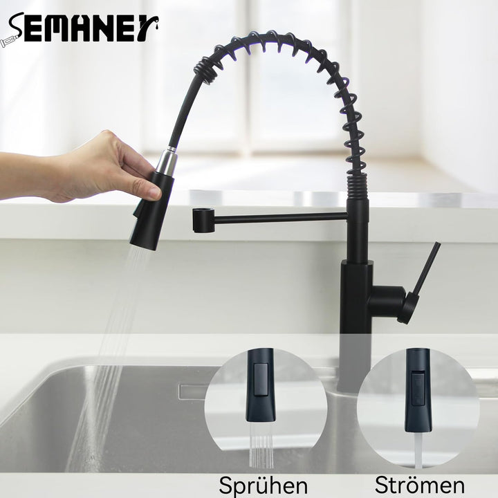 Wasserhahn Küche Schwarz, SEMANEY Hochdruck Küchenarmatur Ausziehbar, Armatur Küche mit Brause 2 Str