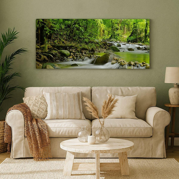 Wandbilder Dekoration Wohnzimmer Stream Wald Natur Panorama Bilder auf Leinwand 120x50cm Leinwandbil