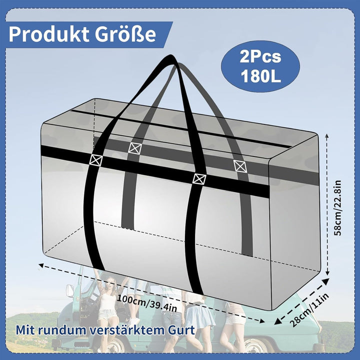 2 Stück Extra Grosse 180L Umzugstaschen, Robuste Oxford Aufbewahrungstaschen mit Reissverschluss & V