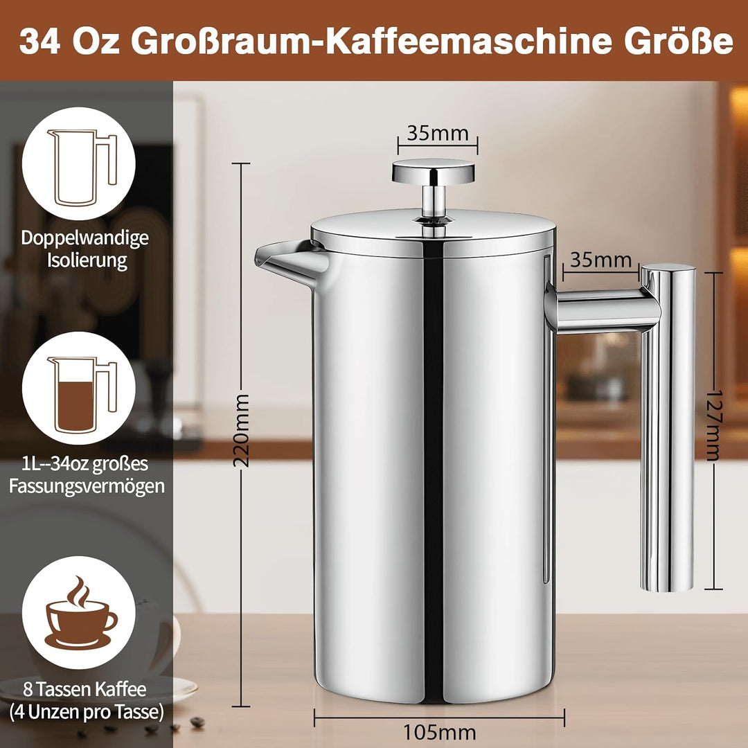 Kaffeebereiter 1000ml, French Press Edelstahl, Kaffeepresse 8 Tassen mit 3 Edelstahlfilter System, D