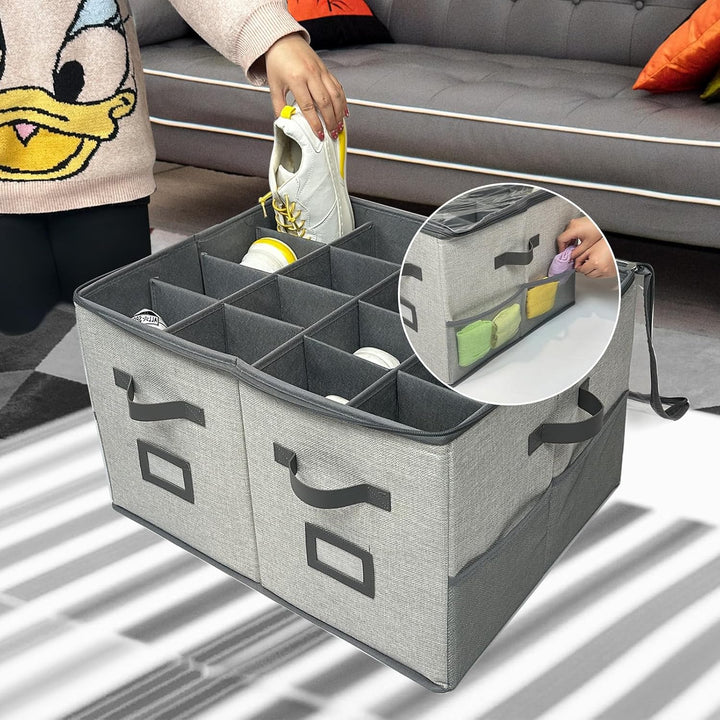 VERONLY Schuhaufbewahrung mit Deckel Griffen, Schuhorganizer mit 16 Fächern Faltbar Schuhschrank mit