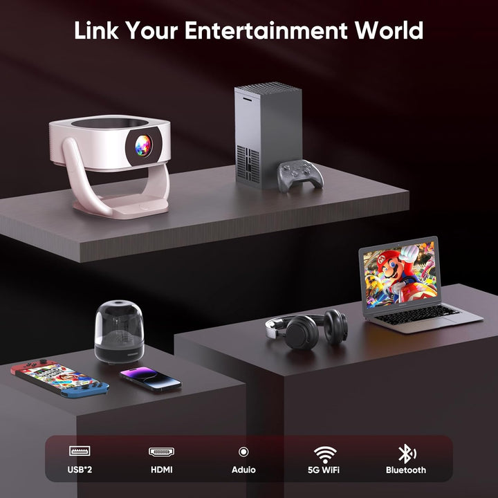 [Built-in Apps] Beamer, E-Fokus/Auto Trapezkorrektur Mini Beamer 4K Native 1080P, WiFi Buetooth Trag