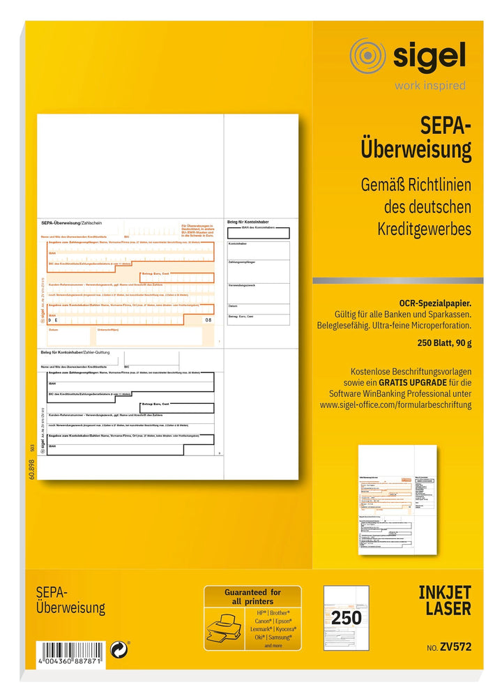SIGEL ZV572 SEPA-Überweisungen, A4, 250 Blatt, incl. free download Beschriftungsassistent, 250