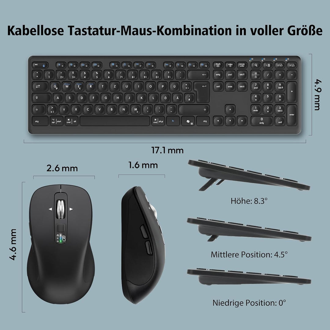 M9300 Kabelloses Tastatur Maus Combo, 2-in-1 USB Empfänger und Zwei Bluetooth, 18-Monate Batterielau