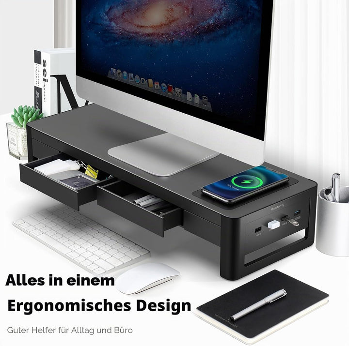 meatanty Monitorständer, 3 in 1 Monitorständer mit USB-Anschlüssen, kabellosem Ladegerät und Schubla