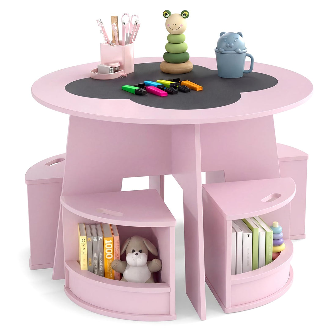 FANTASK 5-TLG. Kindertisch Stuhl Set Rund, Holztisch mit 4 Stauraumhockern, Maltisch für Kinderzimme
