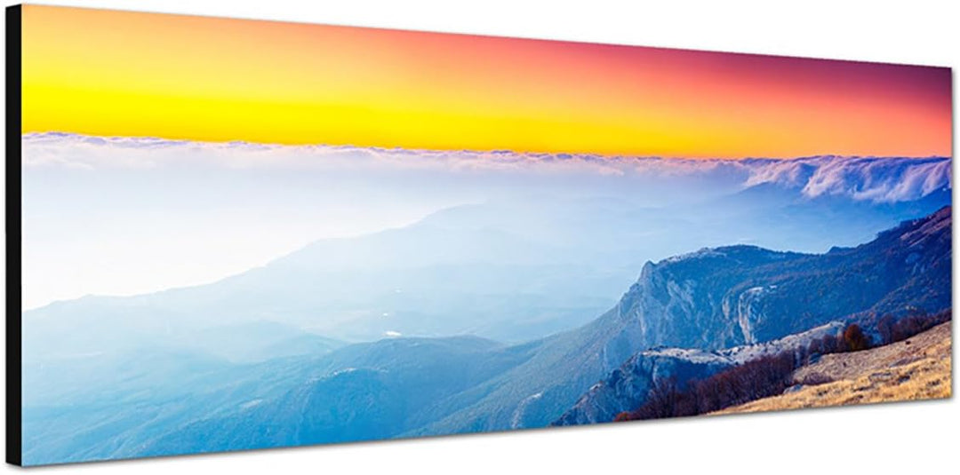 Paul Sinus Art Panoramabild auf Leinwand und Keilrahmen 150x50cm Ukraine Berge Nebel Sonnenaufgang