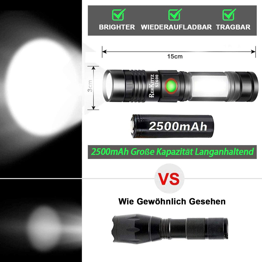 REHKITTZ LED Taschenlampe Extrem Hell 2000 Lumen,(mit 2500mAh Akku) Wiederaufladbare Taschenlampe LE