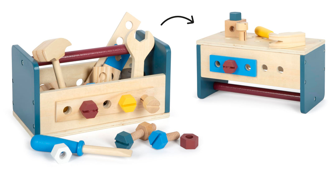 small foot Werkzeugkasten und Werkbank „Workshop“, mit Werkzeug und Zubehör aus Holz, für Kinder ab