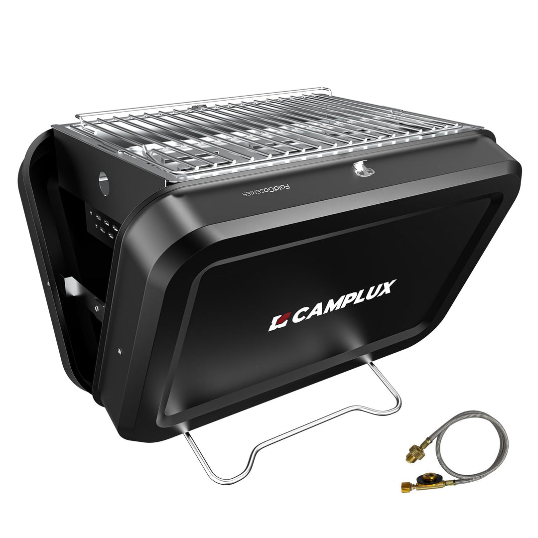 CAMPLUX Tragbarer 2-in-1 Koffergrill, Gas- und Holzkohle-Campingkocher mit 32 x 23,5 cm Rost, klappb