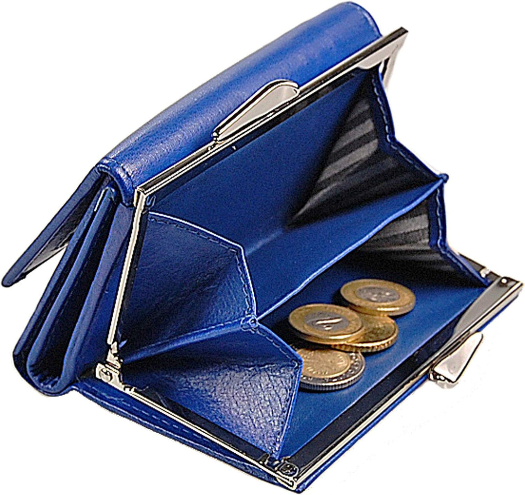 GoBago Branco Damen Geldbörse Leder 6 Farben, Portemonnaie Geldbeutel mit Metall Bügel, Knipser (Bla