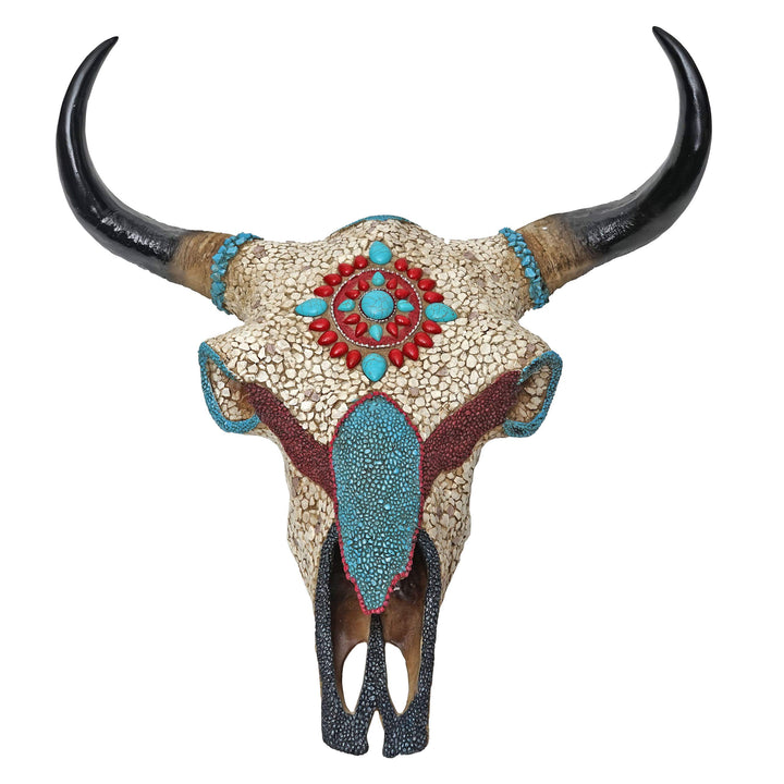 Mendler Deko Kuhschädel HWC-D31, Stierkopf Bulle Tierkopf Kuhkopf Trophäe mit Mosaik, Polyresin 51x5