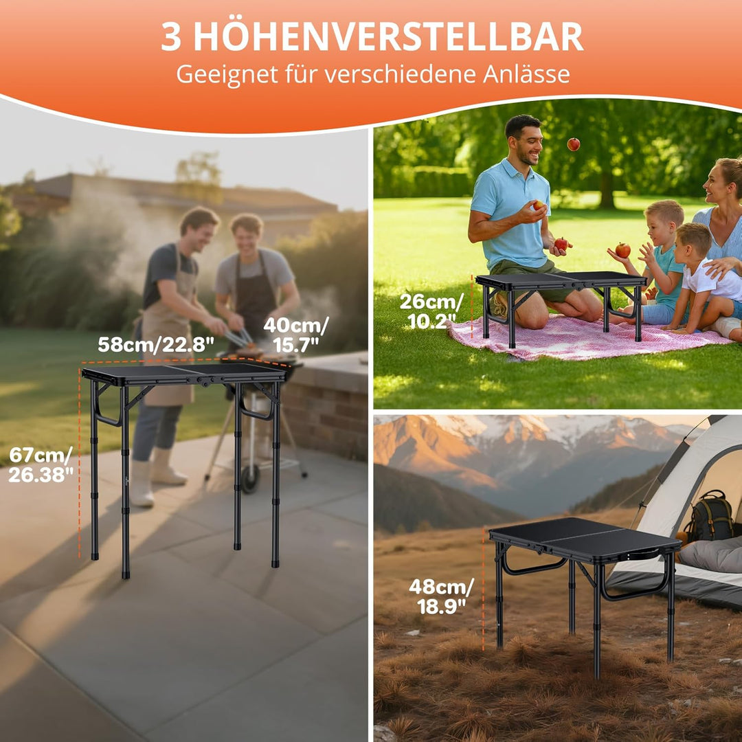 FUNYKICH Campingtisch Klapptisch 58x40cm, Faltbarer Picknicktisch mit 3 Höhenverstellbar(26/48/67cm)