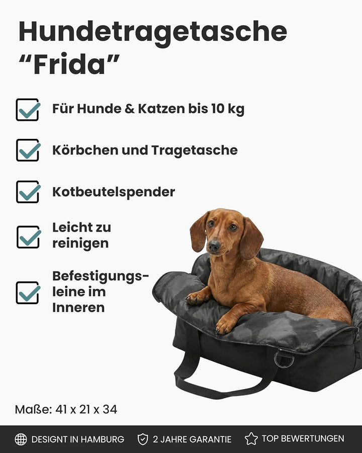 Larkson Hundetragetasche Schwarz - Frida - Aufklappbare Hundetasche für Kleine Hunde bis 8kg - Trans