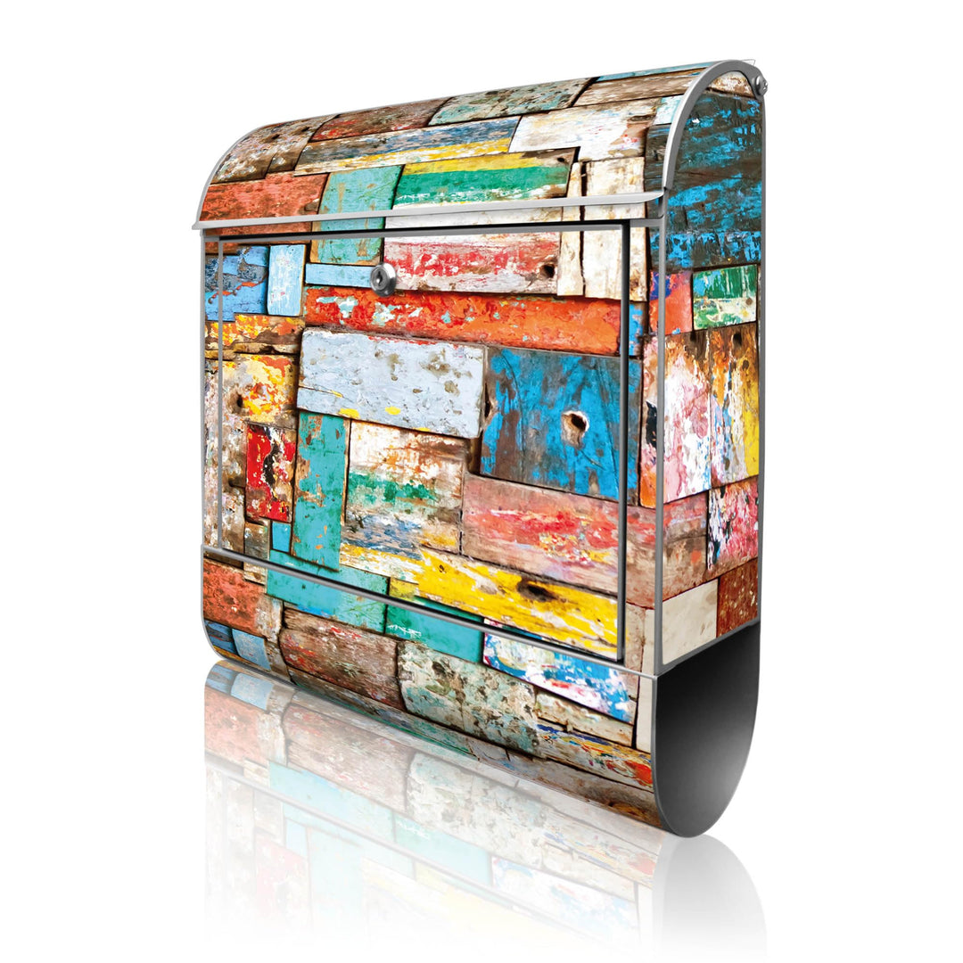 banjado® Design Briefkasten mit Motiv Bunte Holzschindeln 39x47x14cm &amp; 2 Schlüssel - Briefkasten Sta