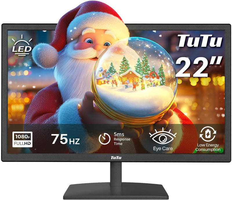 TuTu 21,5 Zoll LED Monitor Full HD 75HZ 5ms Eye Care (1920 x 1080, VGA HDMI VESA 100 * 100mm) Flimme