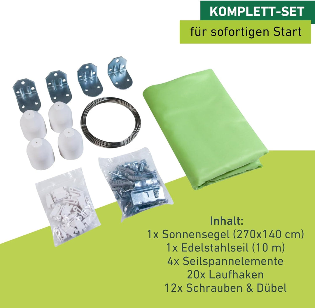 Windhager Sonnensegel für Seilspanntechnik Komplett-Set inkl. Sonnen-Segel 270 x 140 cm, ideal für P