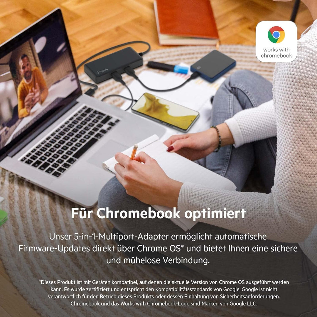 Belkin 5-in-1 Multiport-Hub-Adapter, optimiert für Chromebook mit 4K bei 60 HZ, HDMI-Port, USB-C, 86