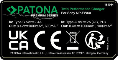 PATONA NP-FW50 - PD Performance Akku Ladegerät (1000mA) USB-C Mini Dual LCD - PD/QC fähig (161964),