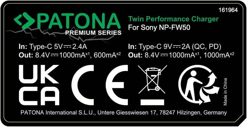 PATONA NP-FW50 - PD Performance Akku Ladegerät (1000mA) USB-C Mini Dual LCD - PD/QC fähig (161964),
