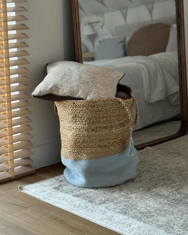 Aufbewahrungskörbe aus geflochtener Jute Baumwolle Set Natur und Blau Gajar