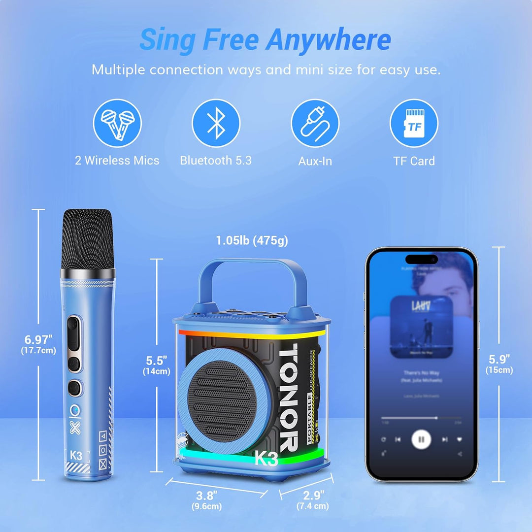 TONOR Mini-Karaoke-Maschine mit zwei kabellosen Mikrofonen, tragbarer Bluetooth-Karaoke-Lautsprecher