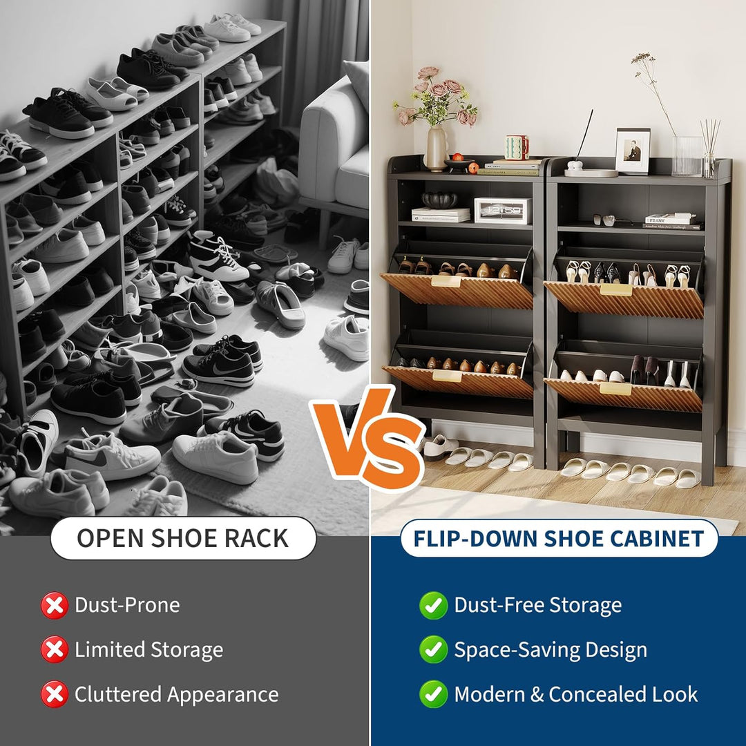 Garvee Schuhschrank mit 2 Klappschubladen, Schmaler, Geriffelter Schuhschrank mit Füssen, Freistehen