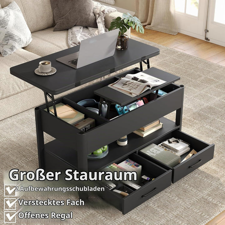 Furnihold Höhenverstellbarer Couchtisch mit Schubladen und Geheimfach, Konvertierbarer Wohnzimmertis