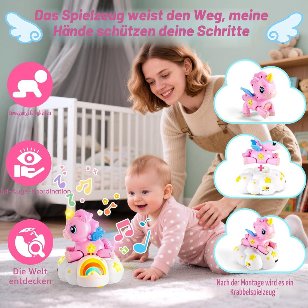 2-in-1 Einhorn Wolken Baby Spielzeug mit 3 Entwicklungsstufen für Tummy Time,Krabbeln mit Licht & Mu