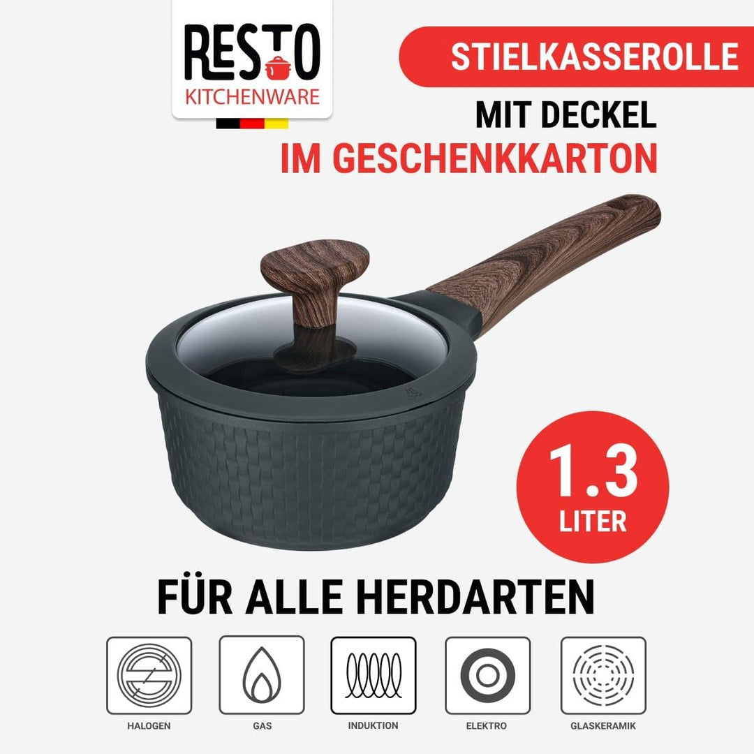 RESTO 93900 Stielkasserolle mit Glasdeckel Ø16cm schwarz 1,3L - stilvoller Topf antihaftbeschichtet,
