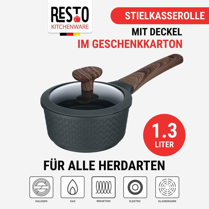 RESTO 93900 Stielkasserolle mit Glasdeckel Ø16cm schwarz 1,3L - stilvoller Topf antihaftbeschichtet,