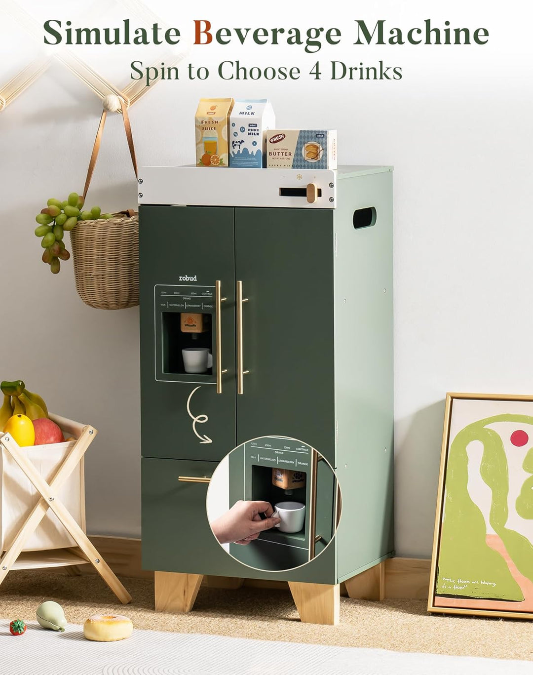 ROBUD Kinderküche Kühlschrank Holz, Kinder Spielküchen Zubehör mit Getränkeautomat - Simulation Spie