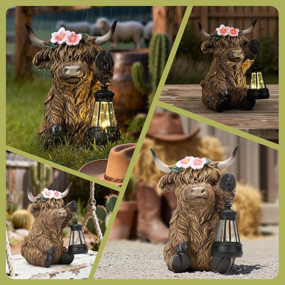 Highland Cow Kuh Figuren mit Blumen Solar Deko für Gartendeko &amp; Wohnzimmer - Solar-Laterne, Bernstei