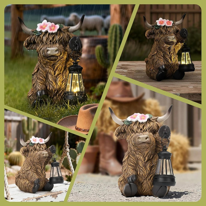 Highland Cow Kuh Figuren mit Blumen Solar Deko für Gartendeko &amp; Wohnzimmer - Solar-Laterne, Bernstei
