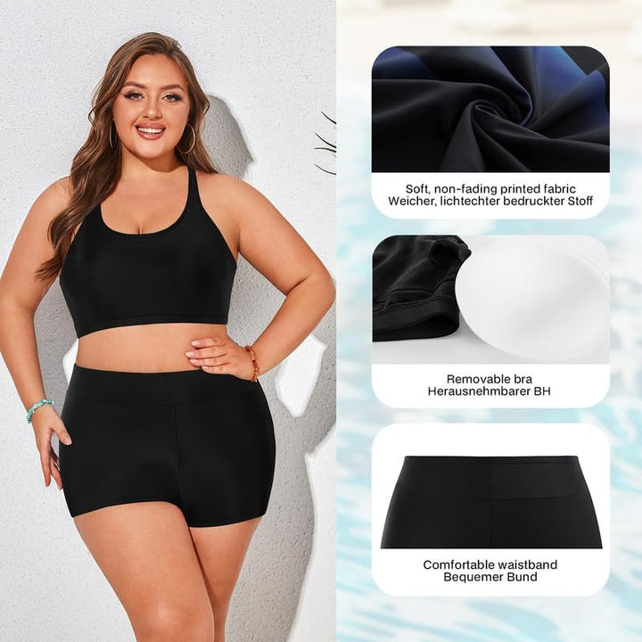 Hanna Nikole Tankini Damen Sportlich Grosse Grössen Dreiteilig Tank Aushöhlen Oberteil mit Boyshorts