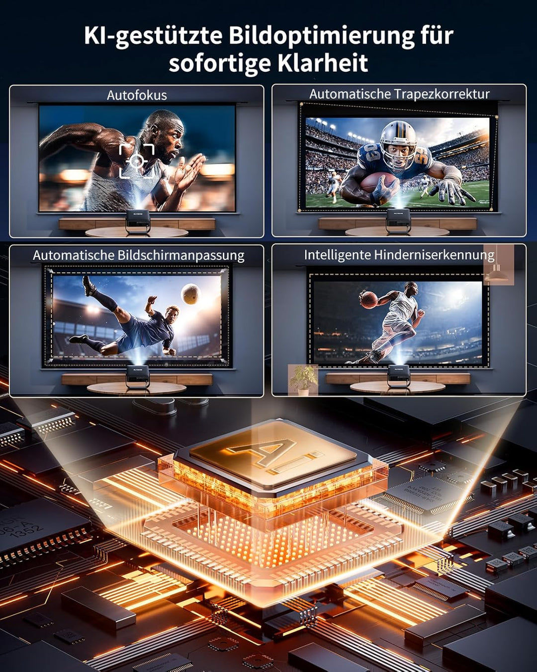 Smart Beamer【Kompatibel mit Netflix/Live TV/330° Drehbar】 Mini Beamer 4K mit Autofokus/6D Trapezkorr
