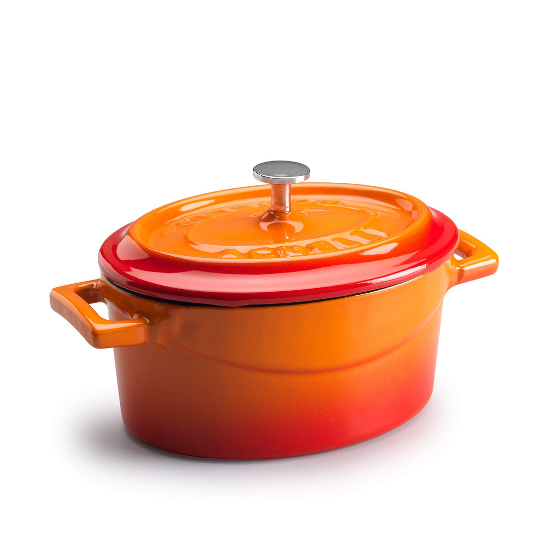 Pentole Agnelli Slowcook Ovaler Schmortopf aus Gusseisen mit 2 Griffen, Orange, 12 cm 12 x 9 Cm Oran