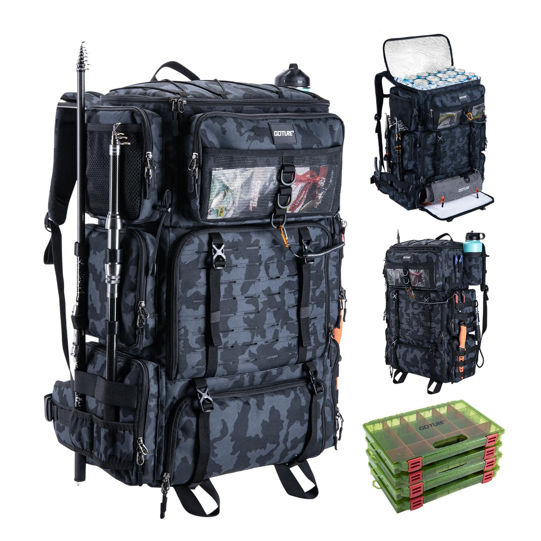 Goture 72L Angelrucksack mit Kühltasche (16L) &amp; Trocken-/Nass-Fach - Verstellbare Fächer Wasserabwei