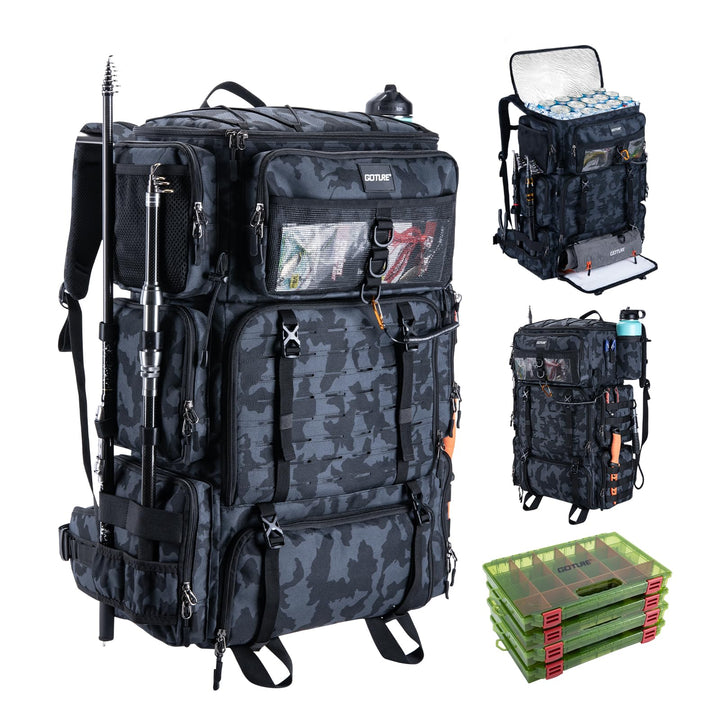 Goture 72L Angelrucksack mit Kühltasche (16L) &amp; Trocken-/Nass-Fach - Verstellbare Fächer Wasserabwei
