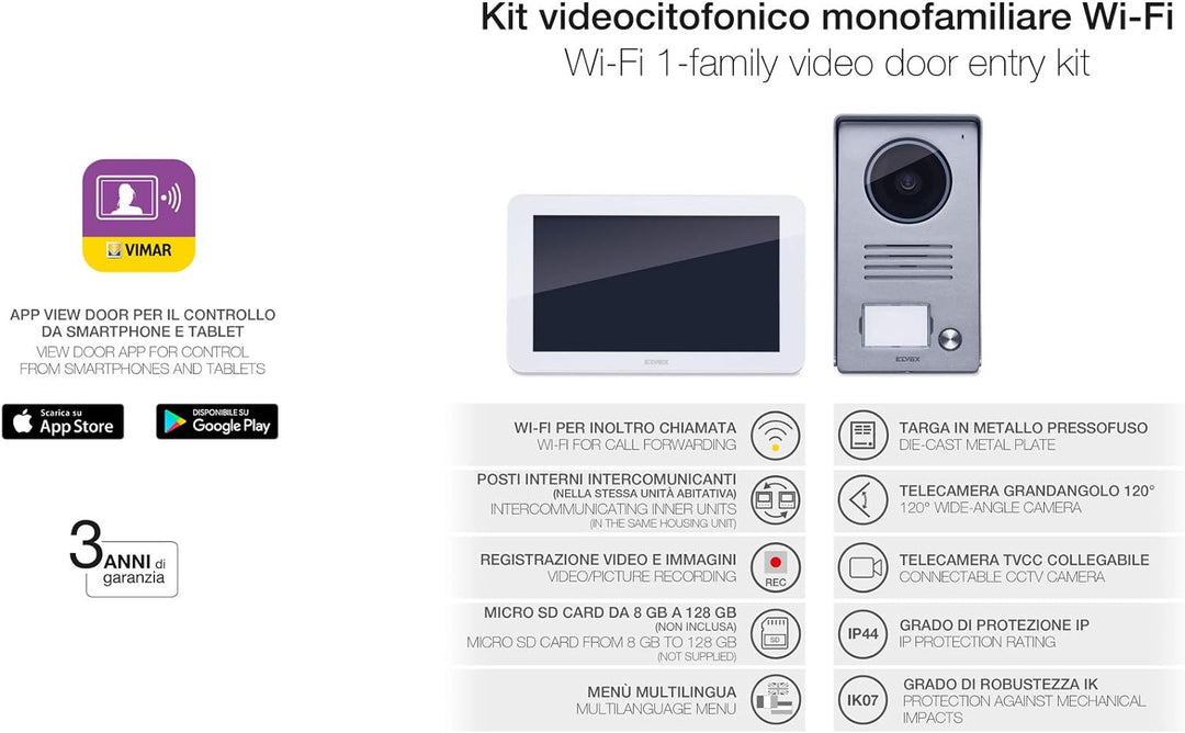 Vimar K40945 Videosprechenalagen-Set enthält Freisprech-Touchscreen-Videohaustelefon LCD 7in und WLA