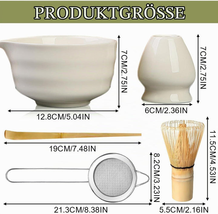 5 Stück Matcha Set, Bambus Matcha Besen, Keramik Matcha Schale mit Ausgiesser, Matcha Whisk, Schaufe