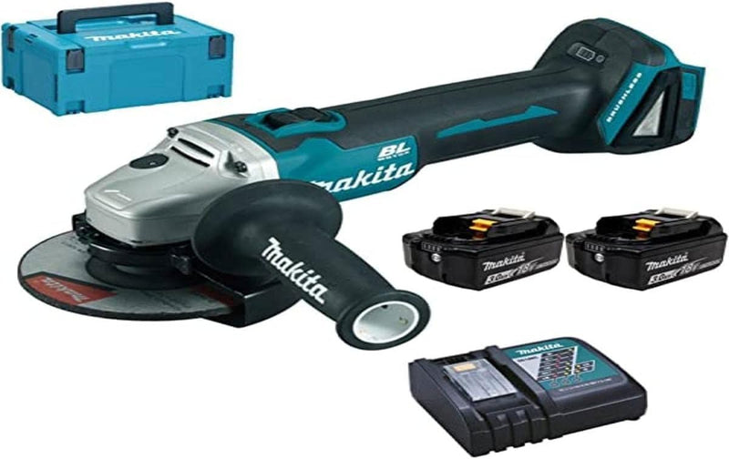 Makita Akku-Winkelschleifer 18 V / 4,0 Ah im MAKPAC inklusive 2 Akkus und Ladegerät, Blau, Silber, 9