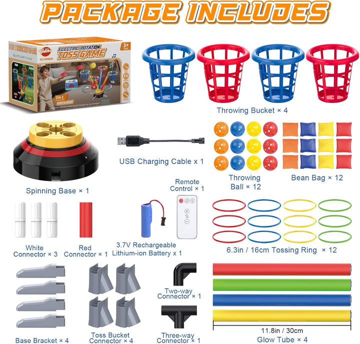 VATOS 3-in-1 Bohnensack- & Ringwurf-Spiel, Musikalische Sprünge für Kinder, Elektrische Drehbasis mi