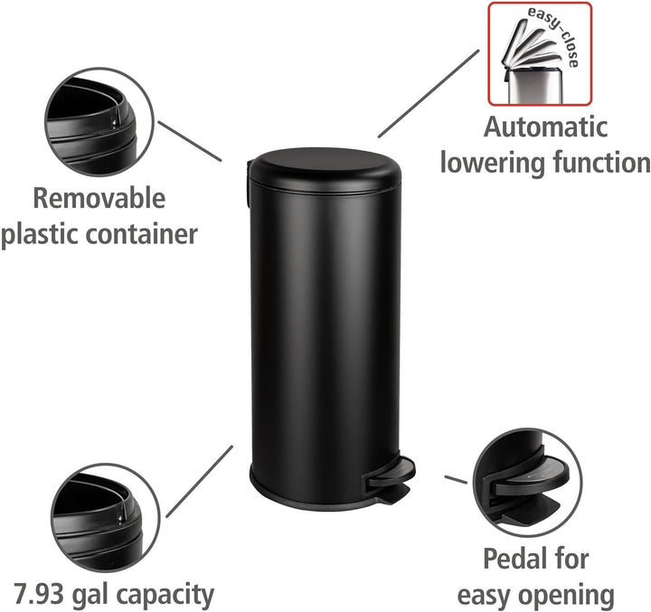 WENKO Küchen Abfalleimer Leman, 30 Liter, Mülleimer mit Absenkautomatik, Tretfunktion, herausnehmbar