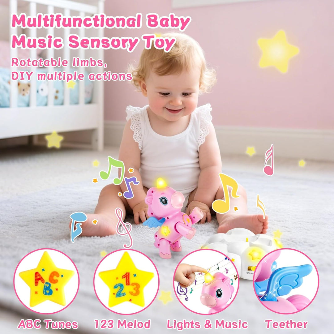 2-in-1 Einhorn Wolken Baby Spielzeug mit 3 Entwicklungsstufen für Tummy Time,Krabbeln mit Licht &amp; Mu